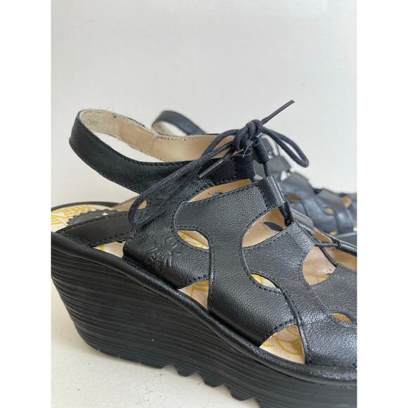 Fly London Black Leather Crisscross Wedge Sandals - Picture 2 of 10